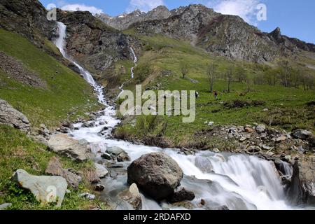 Bergbach und Wasserfall PY im Tal Champagny le Haut, Vanoise-Nationalpark, französische Alpen, Tarentaise, Savoie, Frankreich Stockfoto