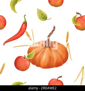 Nahtloses Muster aus Kürbissen, Äpfeln, Blättern, Chili und Stacheln. Aquarelldarstellung. Herbsternte. Köstliches reifes Gemüse. Vegetarisch roh Stockfoto