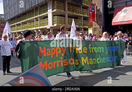 Happy Pride from Morrisons at Manchester Pride Festival Parade, 36 Whitworth Street, Manchester, England, UK, M1 3NR Stockfoto