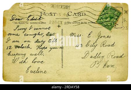 Rückseite der ursprünglichen Postkarte aus der Zeit WW1 mit grünem Stempel King George V 1/2 d (halber Pence/Penny), abgeschickt von Smethwick, West Midlands, Birmingham, Staffordshire, England, Großbritannien. Veröffentlicht/datiert 23. Oktober 1915. Stockfoto