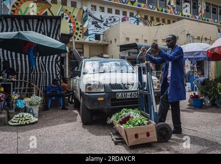 (230720) -- NAIROBI, 20. Juli 2023 (Xinhua) -- Ein Verkäufer transportiert Blumen zum Verkauf auf einem Markt in Nairobi, Kenia, 10. Juli 2023. China ist seit 14 Jahren in Folge der größte Handelspartner Afrikas. Auf diesem Weg treiben China und Afrika gemeinsam die Entwicklung im Rahmen der Initiative „Belt and Road“ voran und eröffnen neue Wege der Zusammenarbeit. In den letzten Jahren hat der Export kenianischer Blumen nach China einen stetigen Aufwärtstrend erlebt, der durch Faktoren wie die Einführung von Direktflügen zwischen China und Afrika und die Optimierung der Zollverfahren vorangetrieben wurde Stockfoto