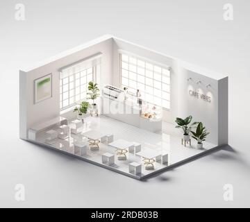 Isometrische Ansicht Minimaler Café-Shop mit Innenarchitektur, 3D-Darstellung digitaler Kunst. Stockfoto