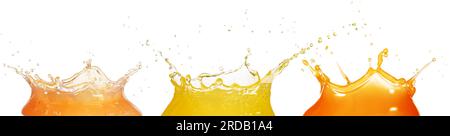 Fruchtsaftspritzer isoliert auf weißem Hintergrund. Ein richtiger Schuss. Stockfoto