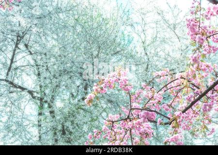 Blühen Frühling heller Gartenhintergrund. Äste aus rosa japanischer Kirsche im Hintergrund blühender Apfelbäume. Zweig eines wunderschönen blühenden Sakurabaums Stockfoto