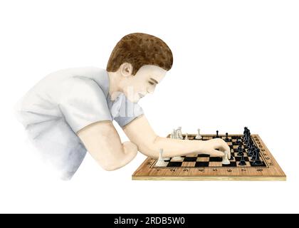 Der Schachspieler bewegt sich mit einer weißen Figur. Handgezeichneter Mann, der Brettspielvorlage spielt Stockfoto