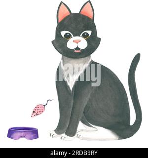 Die Aquarellzusammensetzung von Illustrationen einer Katze, einer leeren Schüssel und einer Maus mit Polka-Punkten. Von Hand auf weißem Hintergrund Stockfoto