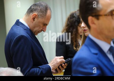 Brüssel, Belgien. 20. Juli 2023. George Gerapetritis, Außenminister, trifft am 20. Juli 2023 am Sitz der EU in Brüssel zu einer Tagung des Rates für auswärtige Angelegenheiten der EU ein. Kredit: ALEXANDROS MICHAILIDIS/Alamy Live News Stockfoto