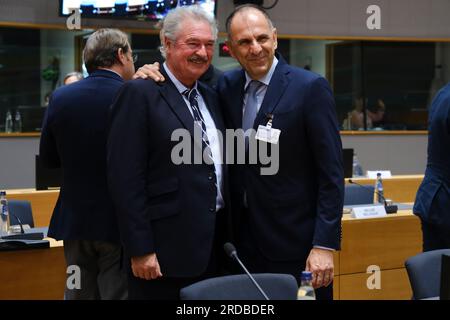 Brüssel, Belgien. 20. Juli 2023. George Gerapetritis, Außenminister, trifft am 20. Juli 2023 am Sitz der EU in Brüssel zu einer Tagung des Rates für auswärtige Angelegenheiten der EU ein. Kredit: ALEXANDROS MICHAILIDIS/Alamy Live News Stockfoto