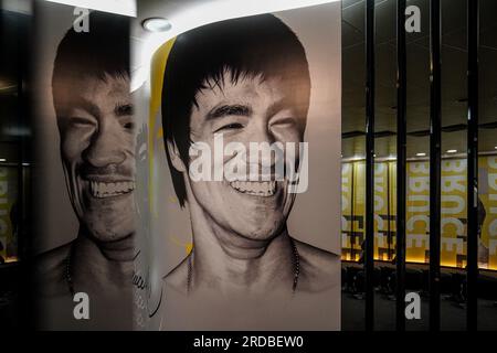 Hongkong, China. 20. Juli 2023 Riesige Poster von Bruce Lee sind in der Ausstellung zu sehen. Die Regierung Hongkongs feiert den 50. Todestag des Kampfkünstlers Bruce Lee mit einer bedeutenden Ausstellung im Hong Kong Heritage Museum. Die Ausstellung zieht Hunderte von Besuchern an und zollt dem Leben und Vermächtnis des legendären Kampfkünstlers Tribut und fasziniert die Besucher mit Ausstellungen, die seine außergewöhnlichen Leistungen und seinen kulturellen Einfluss zeigen. (Foto: Michael Ho Wai Lee/SOPA Images/S/Alamy Live News Stockfoto