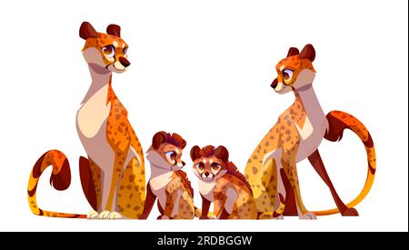 Isolierte Vektordarstellung der Cheetah-Katzenfamilie. Afrikanischer Tierleopard, niedliches Baby mit erwachsenen Eltern-Cartoon. Exotische Figuren mit langem Schwanz und Lächeln. Junges in der Nähe von mom Stock Vektor