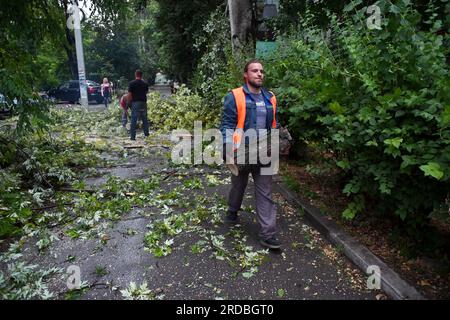 Nicht exklusiv: ZAPORISCHZHIA, UKRAINE - 18. JULI 2023 - nach einem schweren Sturm sind zerbrochene Baumstämme auf einem Gehweg zu sehen, Zaporischzhia, Südosten Großbritanniens Stockfoto