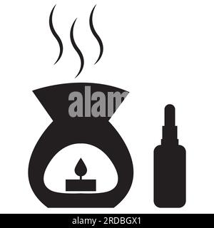 Ikone für Aromatherapie. Aromatherapie-Zeichen. Ätherische Öle mit Aroma-Lampensymbol. Logo des Diffusors. Flacher Stil. Stockfoto