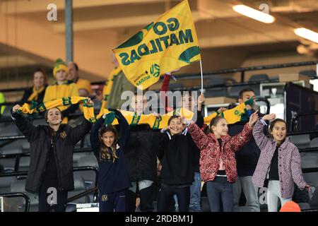 20. Juli 2023; Stadium Australia, Sydney, NSW, Australien: FIFA Womens World Cup Group B Fußball, Australien gegen Republik Irland; australische Fans jubeln ihr Team an Stockfoto