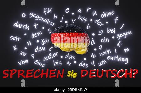 Sprechen Sie Deutsch? Sprechen Sie deutsch? Fremdsprache lernen Fließfähigkeit menschliches Gehirn Buchstaben Artikel Wörter Präpositionen 3D-Rendering. Stockfoto