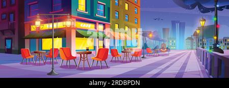 Stadtstraße mit Café oder Restaurant mit Tischen im Freien. Sommerstadt mit Gebäuden, Café mit Tischen und Stühlen auf der Terrasse und Laternen bei Nacht, Vektorgrafiken Stock Vektor