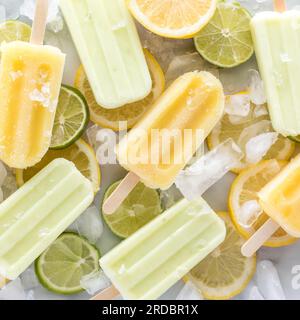 Abstrakte Ansicht von Zitronen- und Limetteneis auf Zitronen- und Limettenscheiben und Eis. Stockfoto