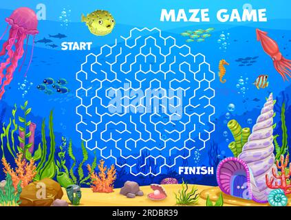 Das Labyrinth-Labyrinth hilft beim Fischen, ein Muschelhaus zu finden. Das Vektorspiel-Arbeitsblatt für Kinder mit lustigen Cartoon-Puffer-Fischen, die in der Unterwasserwelt auf einem verwickelten Pfad suchen. Pädagogisches Kinderrätsel Stock Vektor