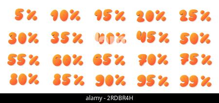 Handgefertigte 5 bis 99 % Rabatt auf Rabattlogos mit orangefarbener Tinte. Vektordesign-Illustration im flachen Zeichentrickstil isoliert auf WH Stock Vektor