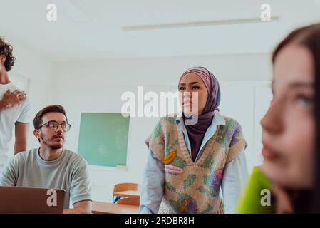 Eine vielfältige Gruppe von Schülern versammelt sich in einem modernen Klassenzimmer und führt leidenschaftlich lebhafte Diskussionen über verschiedene Projekte Stockfoto