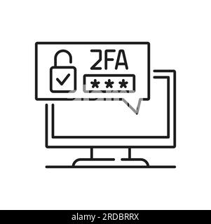 Symbol für zwei-Faktor-Authentifizierung, 2FA mehrstufige sichere Verifizierung, Vektorkennwort und Computerpiktogramm. 3FA Zeilensymbol für zwei-Faktor-Verifizierung mit Anmelde-Passwort-Sperre für die Zugriffsauthentifizierung Stock Vektor
