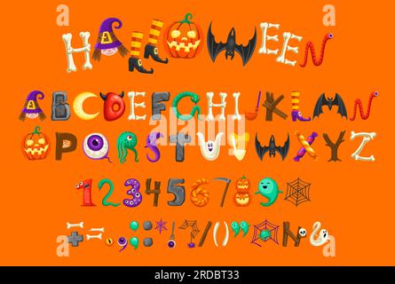 Cartoon Halloween-Schriftart oder Schriftzeichen-Alphabet, gruselige und gruselige Monster als Buchstaben. Halloween-Schriftart oder Alphabet von gruseligen Geistern, fröhlichem Bösen und ABC-Worten von Knochen und Kürbissen Stock Vektor