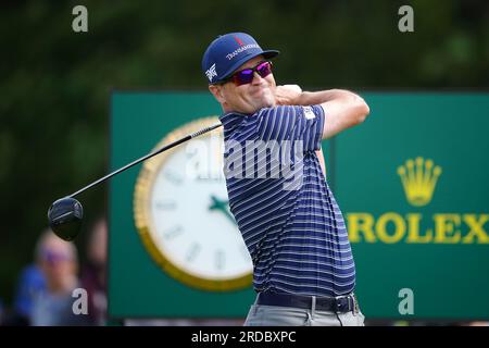 Der US-amerikanische Zach Johnson holt sich am ersten Tag der Open im Royal Liverpool, Wirral, einen Abschlag von der 5. Foto: Donnerstag, 20. Juli 2023. Stockfoto