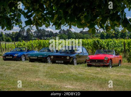 Großartige Sportwagen verschiedener Generationen - Mk1 MA Mazda MX5, MG Midget, MG-F und Mk1 VW Golf GTi Stockfoto