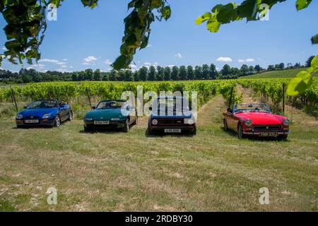 Großartige Sportwagen verschiedener Generationen - Mk1 MA Mazda MX5, MG Midget, MG-F und Mk1 VW Golf GTi Stockfoto