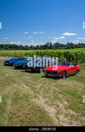 Großartige Sportwagen verschiedener Generationen - Mk1 MA Mazda MX5, MG Midget, MG-F und Mk1 VW Golf GTi Stockfoto