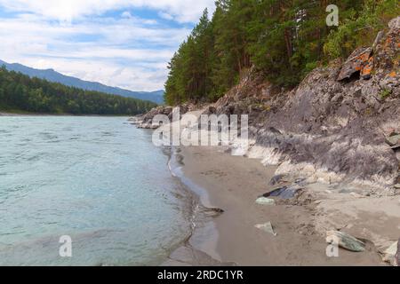 Landschaft mit felsiger Küste des Flusses Katun an einem Sommertag. Altai-Republik, Russland Stockfoto