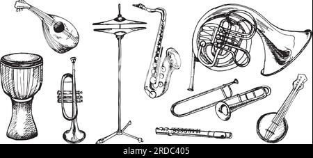 Set aus französischem Horn Messing, Trompete, Saxofon Musikinstrumente Vektordarstellung isoliert. Doppelhorn, Mandoline, Djembe, Klarinetttinte Stock Vektor