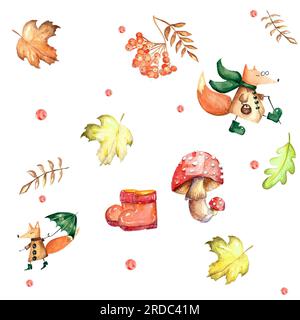 Ein Satz von Aquarellelementen. Herbstblätter aus Asche, Ahorn, Eiche. Helle Pilze. Süße, lustige Füchse. Geeignet zum Drucken von Grußkarten, Inv Stockfoto
