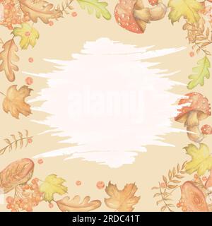 Ein Satz von Aquarellelementen. Herbstblätter aus Asche, Ahorn, Eiche. Helle Pilze. Süße, lustige Füchse. Geeignet zum Drucken von Grußkarten, Inv Stockfoto