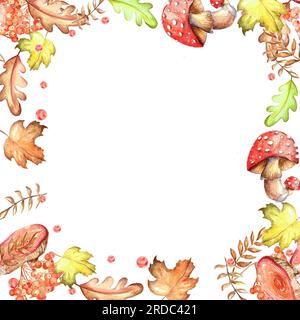 Ein Satz von Aquarellelementen. Herbstblätter aus Asche, Ahorn, Eiche. Helle Pilze. Süße, lustige Füchse. Geeignet zum Drucken von Grußkarten, Inv Stockfoto