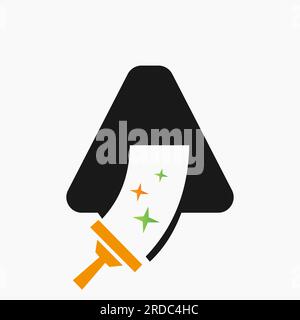 Buchstabe A Reinigungsservice Logo Design Konzept mit sauberem Bürstensymbol. "Haus Sauber" -Schild Stock Vektor