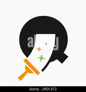 Buchstabe Q Cleaning Service Logo Design Konzept mit Clean Brush Symbol. "Haus Sauber" -Schild Stock Vektor