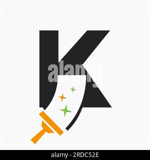 Buchstabe K Cleaning Service Logo Designkonzept mit Clean Brush Symbol. "Haus Sauber" -Schild Stock Vektor