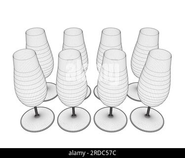 Weinglas-Set Vector Simple Design. Drahtmodell von Brillen aus schwarzen Linien, isoliert auf weißem Hintergrund. 3D. Stock Vektor