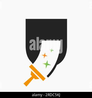 Buchstabe U Reinigungsservice Logo Designkonzept mit sauberem Bürstensymbol. "Haus Sauber" -Schild Stock Vektor