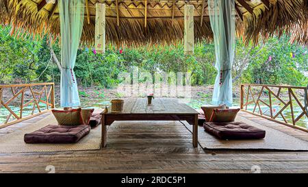 Holztisch und -Stühle im Garten, Thailand, Asien Stockfoto