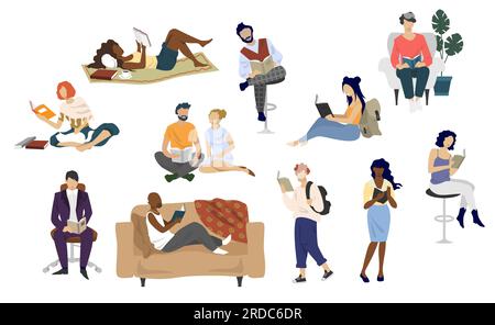 Diversität Menschen lesen Bücher, Vektorflachen isolierte Illustration Stock Vektor