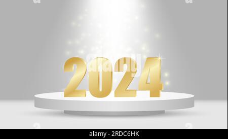 Frohes Neues Jahr 2024. Goldene Zahlen auf einem weißen Podium mit beleuchtetem .Vector Stock Vektor