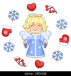 Süßer Cartoon-Engel in einem Winterrahmen. Weihnachtsvektordarstellung eines kleinen Kindes mit Flügeln, Schneeflocken, roten Herzen, Beeren und Fäustlingen Stock Vektor