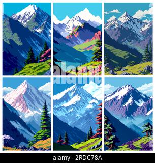8bit-Pixel-Grafik im Querformat. Sommerlandschaft Bergkulisse Stock Vektor