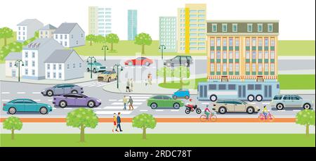 Urbane Silhouette einer Stadt mit Verkehr und Fußgängern, Illustration Stock Vektor