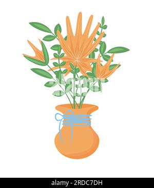 Sommer Bild Orange tropische Blumen Frühlingsstrauß von Blumen in einer Lehmvase Vector EPS10 Stock Vektor