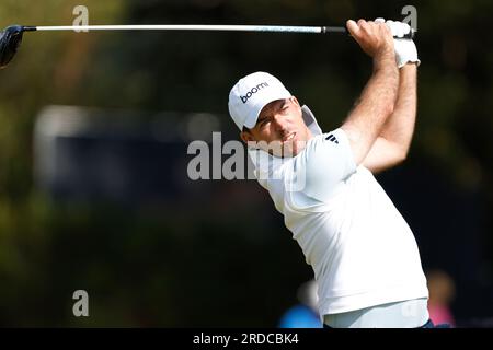 Nick Taylor aus Kanada holt sich die 5. am ersten Tag der Open im Royal Liverpool, Wirral. Foto: Donnerstag, 20. Juli 2023. Stockfoto