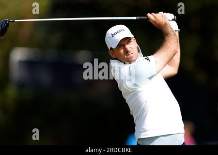 Nick Taylor aus Kanada holt sich die 5. am ersten Tag der Open im Royal Liverpool, Wirral. Foto: Donnerstag, 20. Juli 2023. Stockfoto