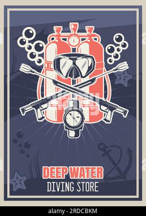 Sporttauchausrüstung Geschäft Vintage Typografie Poster Vorlage, Vektordarstellung Stock Vektor