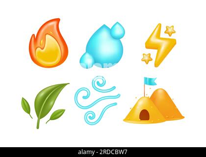 Elemente von Feuer, Wasser, Strand Sand, Blätter, Wind und Blitz 3D Vektor. Geeignet für Designelemente Stock Vektor